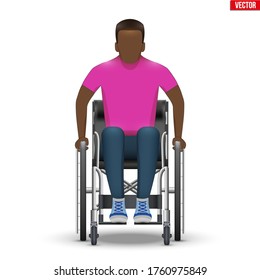 Disabled black man in wheelchair. Disability Man sitting in wheelchair and hold wheel. Front view. Vector Illustration isolated on white background.