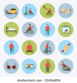 Disabled blind and deaf people care help assistance and accessibility flat icons set isolated vector illustration