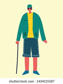 Disabled blind man, young invalid person vector illustration in the flat style