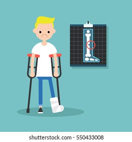 Disabled blond boy on crutches with broken leg / editable vector illustration, vector clip art