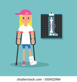 Disabled blond girl on crutches with broken leg / editable vector illustration, vector clip art