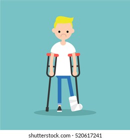 Disabled blonde boy on crutches with broken leg / editable vector illustration, vector clip art