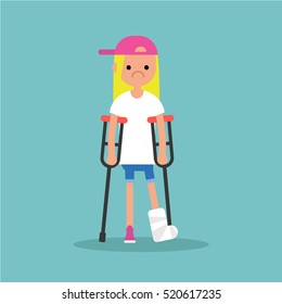 Disabled blonde girl on crutches with broken leg / editable vector illustration, vector clip art