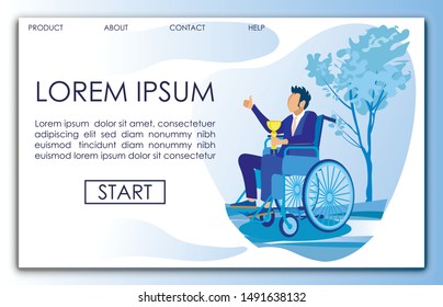 Disabled in Blue Business Suit, in Wheelchair, Holding Champion Cup, Giving Thumbs Up, Triumphing Over His Victory, Getting Greetings and Posing Against Background with Copy Space for Your Text