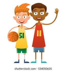 Disabled boy basketball player with a friend. Two cute boys basketball