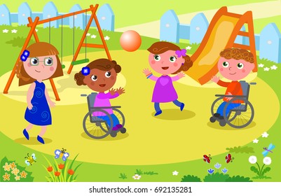 Disabled boy and girl playing at the playground playing with other people, vector illustration 