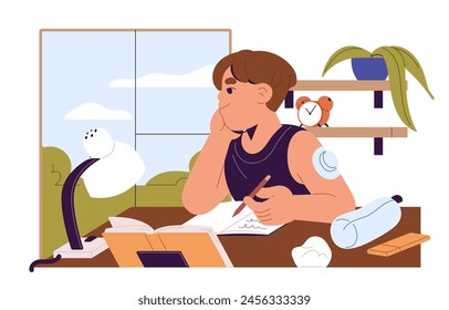 Disabled boy with insulin pump does homework at the table. Kid studies, writes in copybook. Cute student with pen in hand prepares to lessons. Child does home exercises. Flat vector illustration