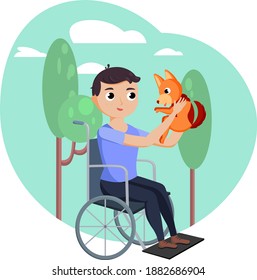 behinderter Junge, der mit einem Hund spielt. Unterstützung für kranke Menschen.