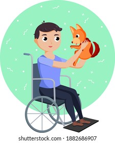 chico discapacitado jugando con un perro. Apoyo a los enfermos.