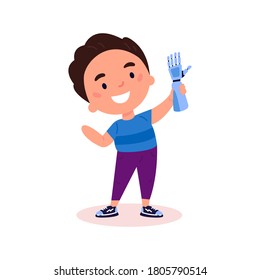 Disabled Boy Presents A Prosthesis.Little Kid With Artificial Limb Isolated Cartoon Character On White Background.Advertising Concept.Vector Flat Style Cartoon Illustration.