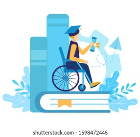 A disabled boy student in a wheelchair graduated from university. Certificate of qualification. Graduation cap. inclusive and disability education or distance learning. Flat vector illustration. 