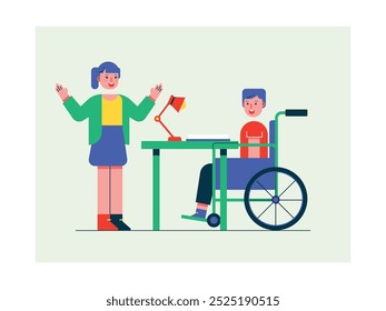 A disabled boy in a wheelchair is homeschooling, with a female teacher. Character design. Vector flat illustration