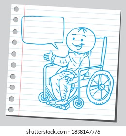 Disabled boy in wheelchair speaking something.