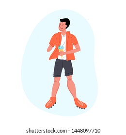 Disabled boy without arm is roller blading and eating an ice-cream. Active lifestyle of disabled people concept. Vector illustration