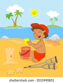 Disabled boy without a leg playing with sand toys at the beach, vector