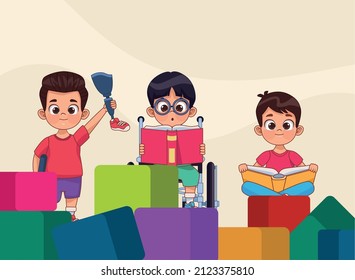 Niños discapacitados con diseño de cubos