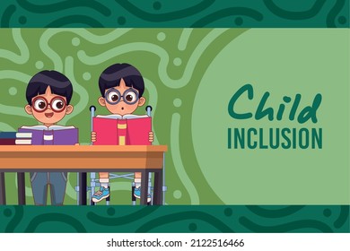 Disabled Boys Reading On Greenbackground