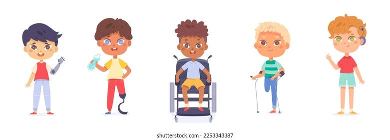 Disabled boys set vector illustration. Cartoon isolated cute kid sitting in wheelchair, children walking on crutches or with modern prosthetic arm and leg, child with hearing aid and disability