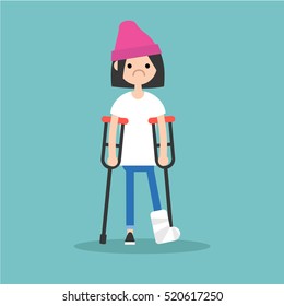 Disabled brunette girl on crutches with broken leg / editable vector illustration, vector clip art