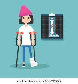 Disabled brunette girl on crutches with broken leg / editable vector illustration, vector clip art