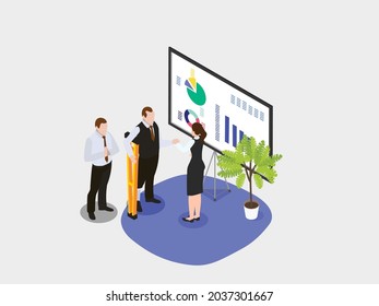 Disabled businessman with artificial leg and hold a grip discussing financial graph with his partner. isometric vector concept