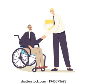 Disabled Businessman Character in Wheelchair Shaking Hand with Business Partner or Boss. Handicapped Manager Dialogue with Business Colleague, Job Hiring, Meeting. Cartoon People Vector Illustration