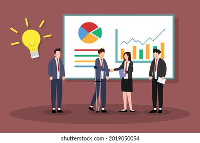 Disabled businessman vector concept: Disabled businessman giving idea with his colleagues in the office