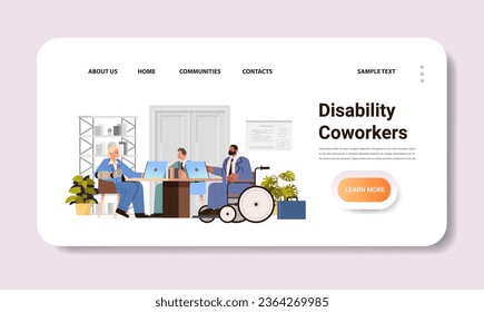 disabled businessman in wheelchair discussing with coworkers in office disability employment people with disabilities concept