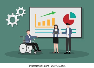 Disabled businessperson vector concept: Disabled businessman meeting with his colleagues in the office while sitting on the wheelchair