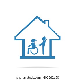 Disabled care, Nursing home sign icon, a woman pushing wheelchair of woman patient.