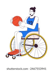 Disabled caucasian man playing basketball 2D linear cartoon character. European sportsman in wheelchair isolated line vector person white background. Inclusion care color flat spot illustration