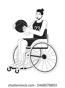 Disabled caucasian man playing basketball black and white 2D line cartoon character. European sportsman in wheelchair isolated vector outline person. Inclusion monochromatic flat spot illustration