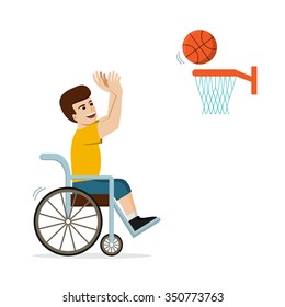 Disabled caucasian man in a wheelchair playing basketball. Flat vector illustration of handicapped player throwing a ball into basket. Concept for sport, summer paralympic games, recovery.