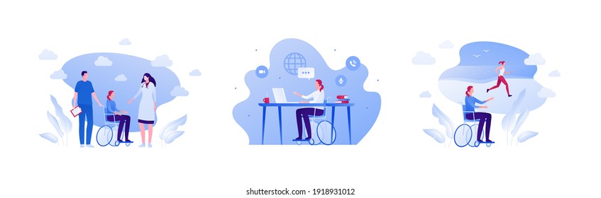 Carácter desactivado en silla de ruedas. Conjunto de ilustración plana vectorial. Las pacientes adultas mujeres hablan con su médico y enfermera. Trabajador independiente de Handicap trabaja en el escritorio con portátil. Una mujer paralizada sueña con correr.