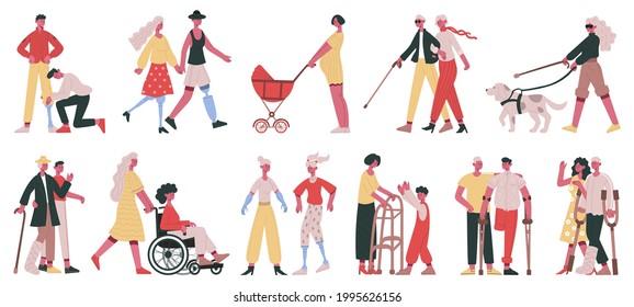 Disabled characters care. Handicapped people get volunteers, friend and family help and care vector illustration set. Deaf, blind and handicapped people. Family and friends disabled