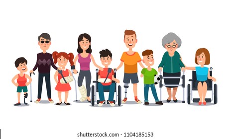 Disabled characters. Happy people with special needs. Student kid boy in wheelchair, man with disability and elderly on crutches cartoon flat vector set