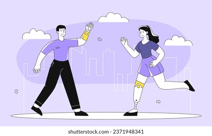 Disabled characters line concept. Man with prosthetic arm and woman with prosthetic leg. Health care and medicine. People doing sport and workout, fitness. Linear flat vector illustration