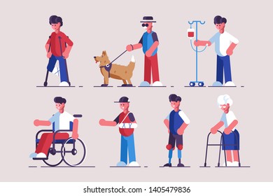 Disabled characters set vector illustration. Collection consists of handicapped flat style concept. People with disabilities such as broken leg hand blindness prosthetic