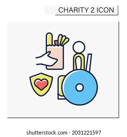 Disabled charities color icon.Organization collects money, food to help people with diseases. Care and support. Charity concept. Isolated vector illustration