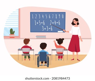 Disabled child in classroom. Teacher shows pointer to blackboard, metaphor for learning and equal opportunity. Special schools, educational institutions, knowledge. Cartoon flat vector illustration