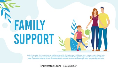 Disabled Child Family Support Trendy Flat Vector Banner, Poster Template. Kid with Disabilities, Boy with Injury and Leg Prosthesis Having Fun, Walking with Parents Outdoor, Playing Ball Illustration