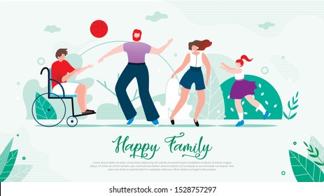 Disabled Child Full-Fledged and Active Life in Happy Family Flat Vector Banner. Teenager Boy on Wheelchair Playing Ball Outdoors with Sister and Parents Illustration. Handicapped People Rehabilitation