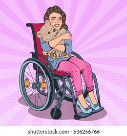 Disabled Child. Happy Little Handicapped Girl in Wheelchair. Pop Art vector illustration