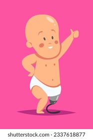 Disabled child with a prosthesis on his left leg stands and smiles. Flat vector Illustration.