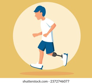 Disabled child with prosthetic leg running outdoors. Technology and lifestyle for the disabled. Rehabilitation for the disabled.