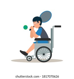 Disabled child in wheelchair. A handicapped young boy sitting in wheelchair while holding racket, playing tennis ball isolated on white background. Vector cartoon flat illustration.