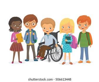 Disabled child in a wheelchair with his friends. Pupils girls and boys. International kids with backpacks and books with his friend, a disabled. Vector illustration
