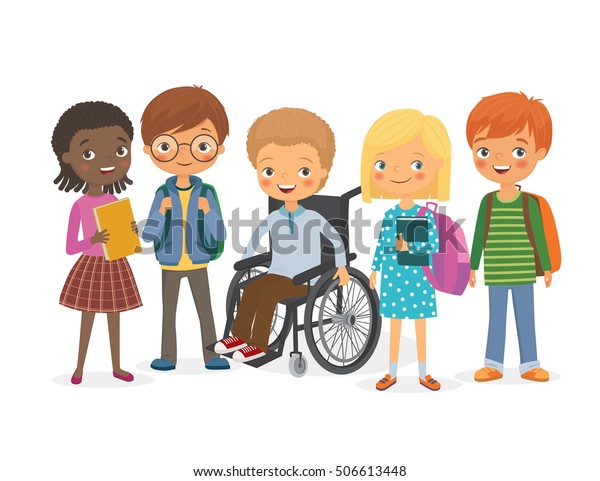 車いすに乗った身障者の子どもと友達 生徒は女の子と男の子 身障者の友人とのバックパックや本を持つ国際子どもたち ベクターイラスト のベクター画像素材 ロイヤリティフリー
