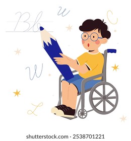 Disabled child in wheelchair studying Concept of inclusion children with disability into education