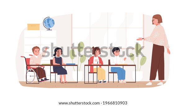 Disabled child in wheelchair studying in school.\
Concept of social inclusion of children with disability into\
education. Boy in wheel chair in classroom. Colored flat vector\
illustration isolated